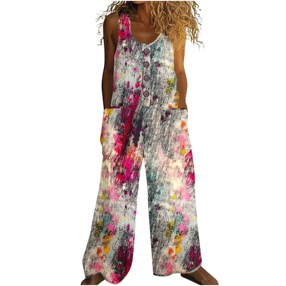 Boho Jumpsuits for Women Printed Trendy Button Wide Strap Sleeveless Scoop Neck Vintage Baggy Wide Leg Spring Casual Rompers with Pockets Multicolor A S-2XL