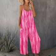 FAVIPT Boho Jumpsuits for Women 2023,Womens Spaghetti Straps Wide Leg Pocket Romper Jumpsuits Baggy Long Pants Jumper Playsuits