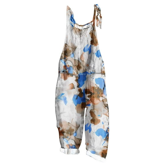 Boho Jumpsuits for Women Linen Loose Casual Summer Rompers Floral Rompers Wide Leg Bib Overall with Pockets Athletic Rompers for Women Multicolor 4XL
