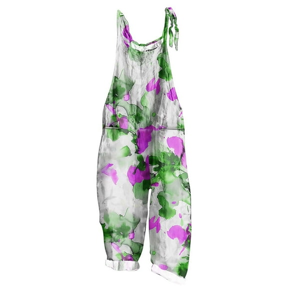 Boho Jumpsuits for Women Linen Loose Casual Summer Rompers Floral Rompers Wide Leg Bib Overall with Pockets Overalls for Women Wide Leg Green 4XL