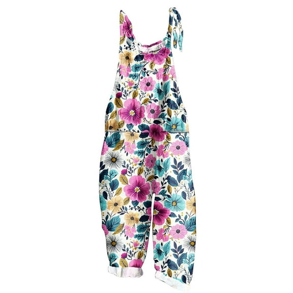 Boho Jumpsuits for Women Linen Loose Casual Summer Rompers Floral Rompers Wide Leg Bib Overall with Pockets Plus Size Rompers for Women Multicolor S