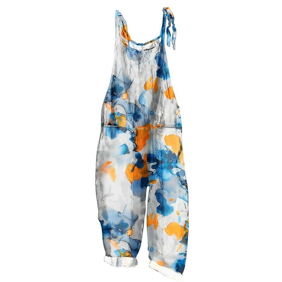 Boho Jumpsuits for Women Linen Loose Casual Summer Rompers Floral Rompers Wide Leg Bib Overall with Pockets Tank Jumpsuit with Pockets Blue 4XL