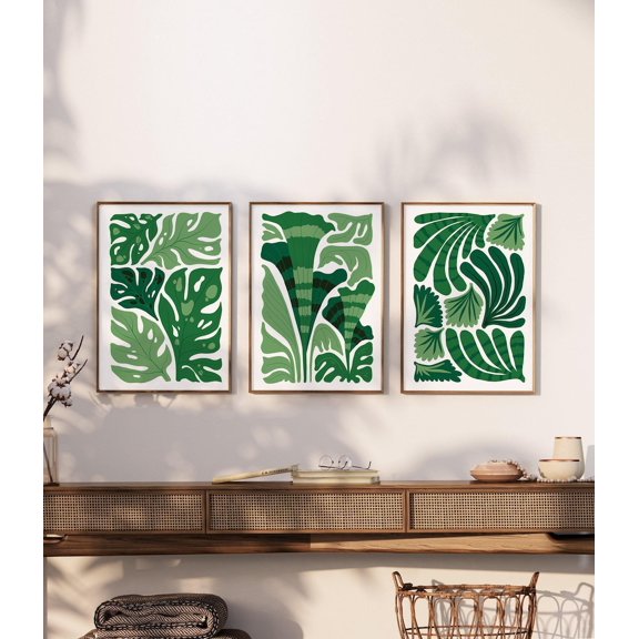 Boho Jungle Canvas Triptych Green Palm Leaves Set 3