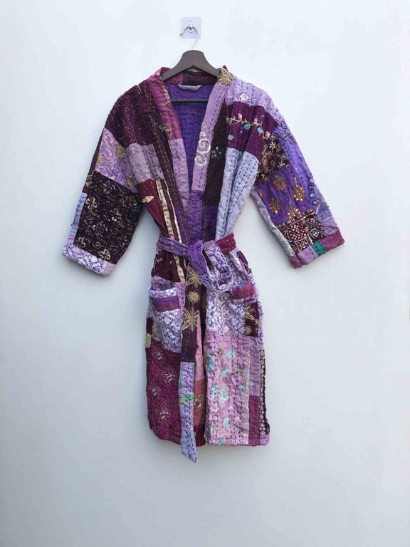 Boho Kantha Patchwork Long Kimono Jacket Handmade Cotton Artisan Coat, Multicolor Festival Wear, Sustainable Fashion