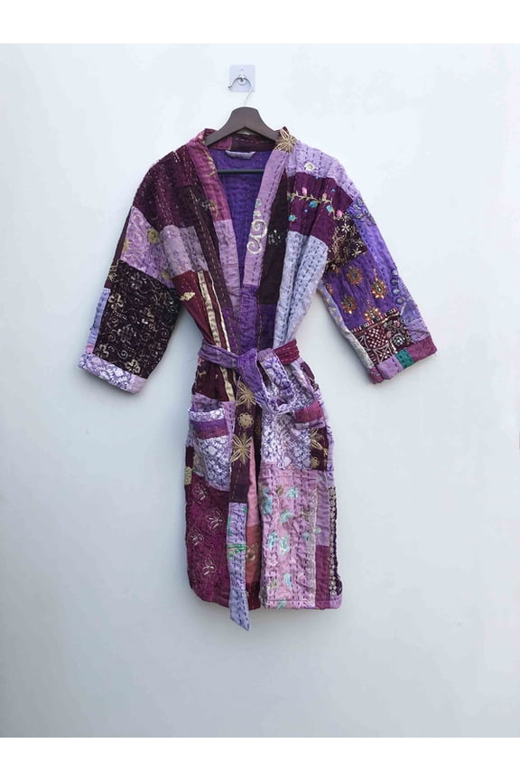 Boho Kantha Patchwork Long Kimono Jacket Handmade Cotton Artisan Coat, Multicolor Festival Wear, Sustainable Fashion