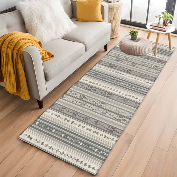 Boho Khaki Washable Runner Rugs 2'x6', Stripes Abstract Geometric Texture Low Pile Throw Entryway Rug Non-Slip Sturdy Edge Binding Carpet for Indoor Bedside Entrance Bedside