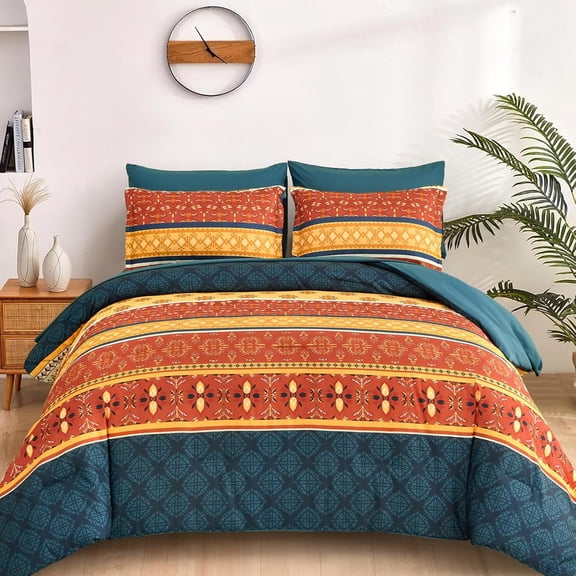 Boho King Comforter Set 7 Pieces Burnt Orange Paisley Floral Microfiber Bedding