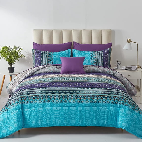 Boho King Size 8 Piece Comforter Set with Aqua Paisley Floral Print Microfiber Bedding