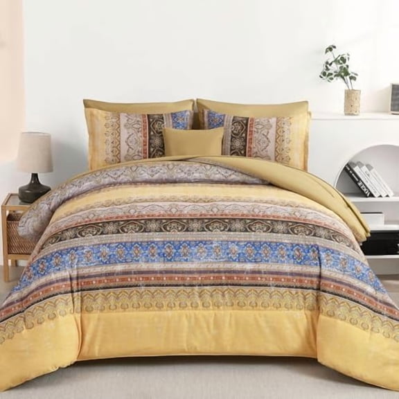 Boho King Size Comforter Set 8 Pieces, Yellow Bohemian Striped Bed in a Bag, Paisley Soft Microfiber Bedding Comforter Set