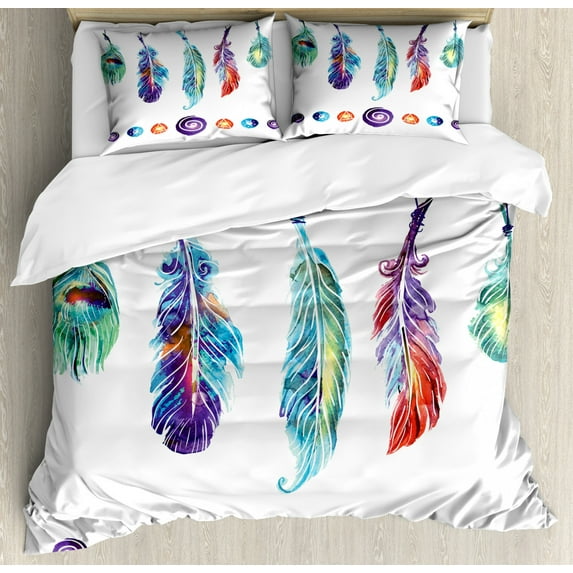 Boho King Size Duvet Cover Set, Several Tribal Feather Collection in Psychedelic Hippie Universe Cosmos Harmony Forms, Decorative 3 Piece Bedding Set with 2 Pillow Shams, Multicolor, by Ambesonne
