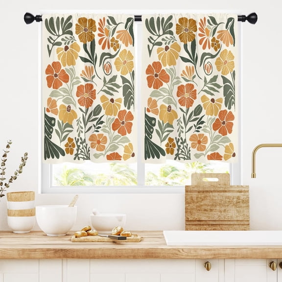 Boho Kitchen Curtains 39 Inch Length, 27.5x39 Small Window Tier, Rod Pocket Fabric Cafe Drapes, Terracotta Burnt Orange Botanical Floral Decor, 2 Panels