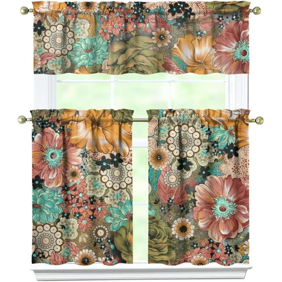 Boho Kitchen Curtains,Bohemian Flower Kitchen Curtains Sets for Windows,Kitchen Curtain Sink Window Valance 3 Piece Set,Boho Floral Kitchen Decor for Living Room 54x36 Inches