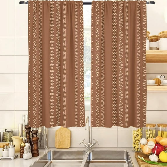 Boho Kitchen Curtains Brown and White Geometric Modern Farmhouse Abstract Small Short 27.5" W x 39" L Window Treatment Tiers for Bedroom Living Room Bathroom 2 Panels Rod Pocket Drapes