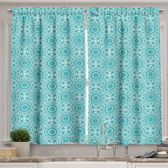 Boho Kitchen Curtains, Continuous Abstract Pattern with Modern Mandala Effect Monochrome, Two Panels Drapes with Rod Pocket Room Decor, 55" X 45", Dark Seafoam and White, by Ambesonne