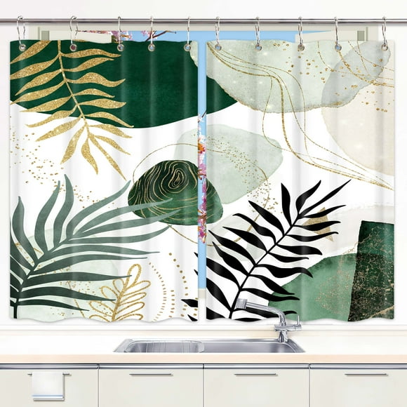 Boho Kitchen Curtains, Green Modern Abstract Mid Century Kitchen Curtains,Contemporary Art Terracotta Print Geometric Golden Leaves Minimalist Bedroom Room Treatment Set with Hooks, 55X39 Inches