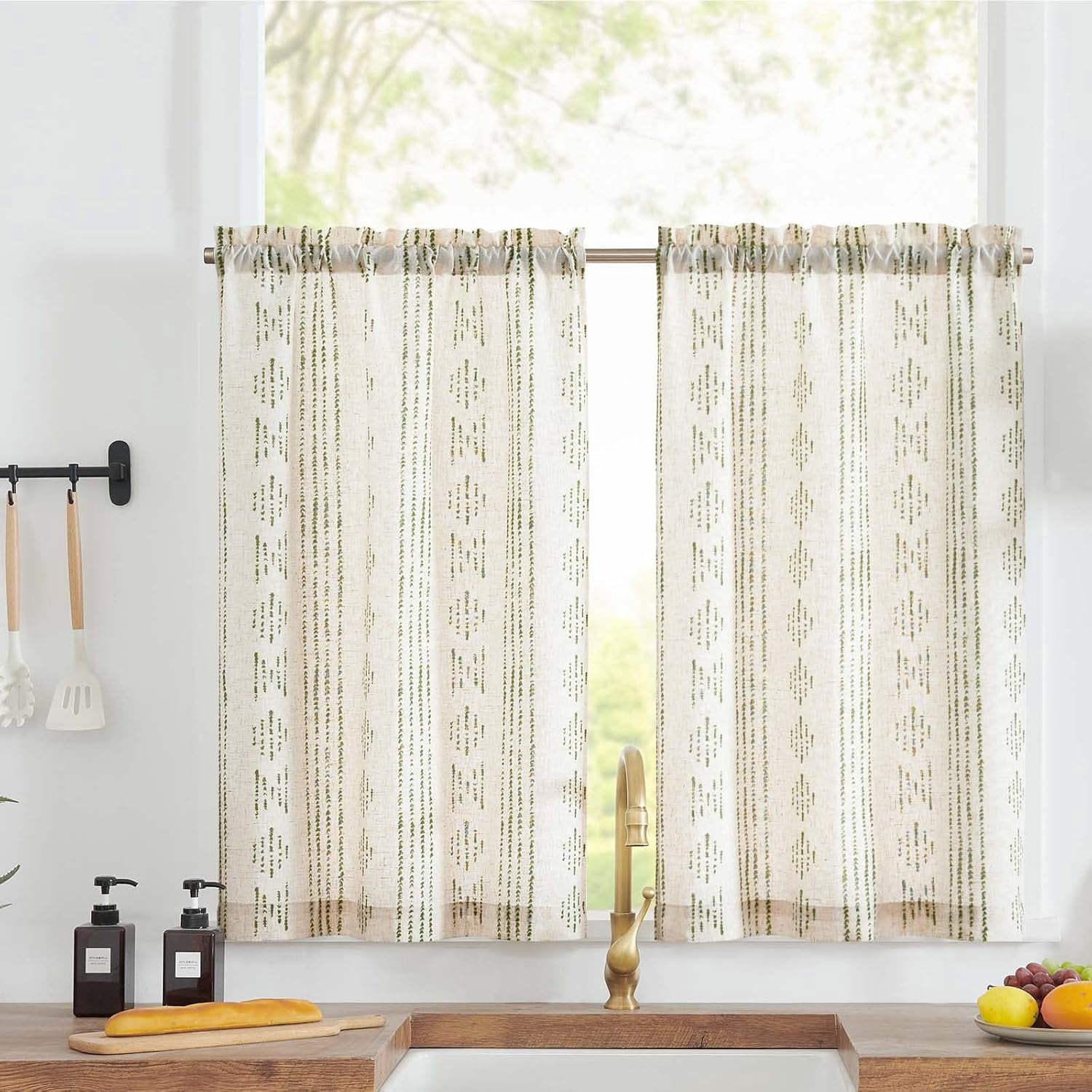 Boho Kitchen Curtains Linen Tier Curtains 45 Inches Bohemian Cafe Small ...