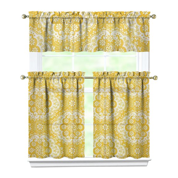 Boho Kitchen Curtains Set Bohemian Tier and Valance Set Vintage Rustic Tribal Style Earthy Aesthetic Artistic Light Filtering Rod Pocket Curtains for Farmhouse Dining Living Room Windows