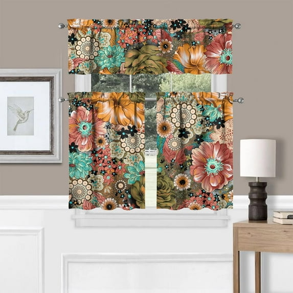 Boho Kitchen Curtains Set for Windows - 3 Piece Bohemian Flower Valance for Sink, Living Room, Bedroom - Floral Decor, 54x36 Inches