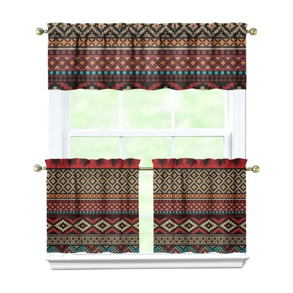 Boho Kitchen Curtains for Windows – Rustic Tribal Floral Print Cafe Curtains, Vintage Bohemian Geometric Panels for Home Décor