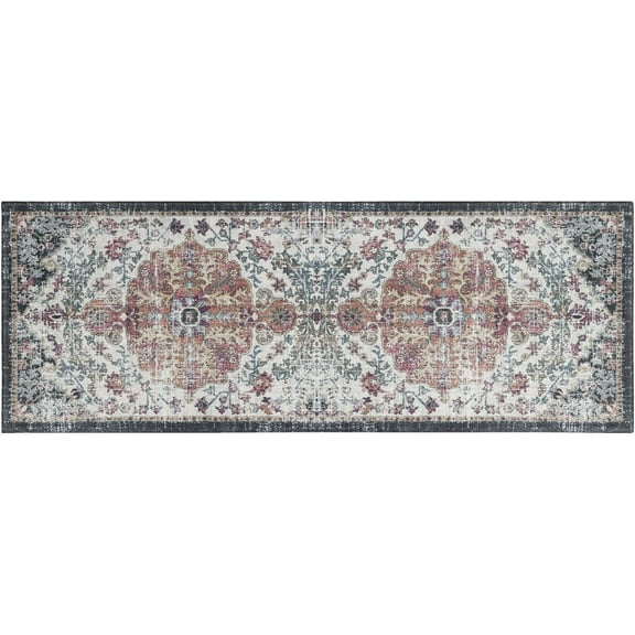 Boho Kitchen Decor Rug, Vintage Bohemian Floral Runner Rug for Kitchen Laundry Bathroom, Non-Slip Washable Hallway Floor Mat 17x47 Inch Gray
