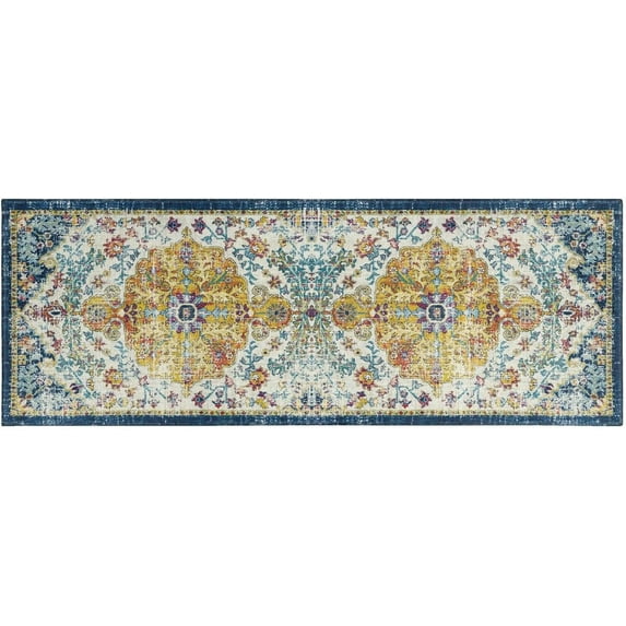 Boho Kitchen Decor Rug, Vintage Bohemian Floral Runner Rug for Kitchen Laundry Bathroom, Non-Slip Washable Hallway Floor Mat 17x47 Inch Yellow