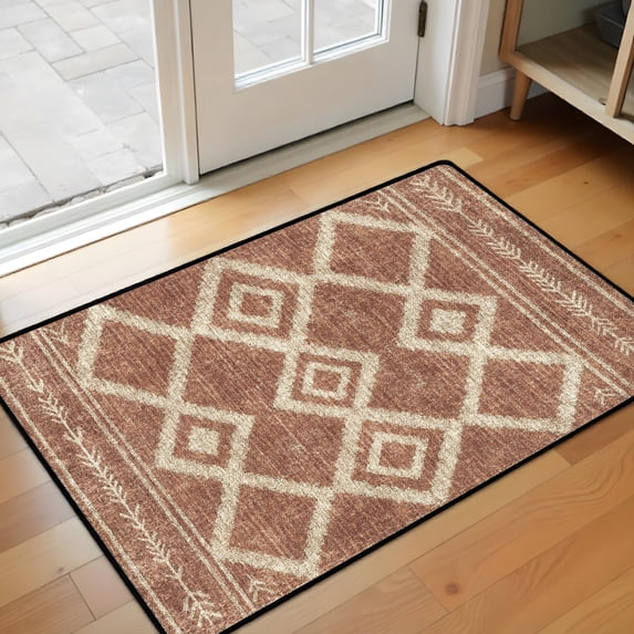 Boho Kitchen Mat 31"x20", Washable Non Slip Soft Plush Low Profile Kitchen Rug, Geometric Neutral Textured Sink Mat for Laundry Room, Bedroom & Office, Brown
