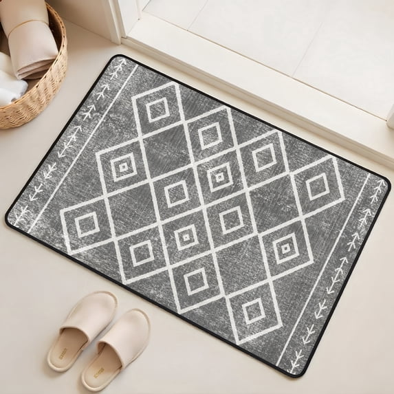 Boho Kitchen Mat 31"x20", Washable Non Slip Soft Plush Low Profile Kitchen Rug, Geometric Neutral Textured Sink Mat for Laundry Room, Bedroom & Office