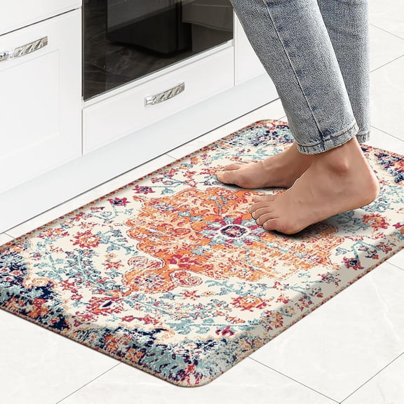 Boho Kitchen Mat Anti Fatigue Ethnic Kitchen Cushioned Floor Mat Orange Blue Kitchen Rugs Non Slip Cool Rugs for Kitchen Floor Office