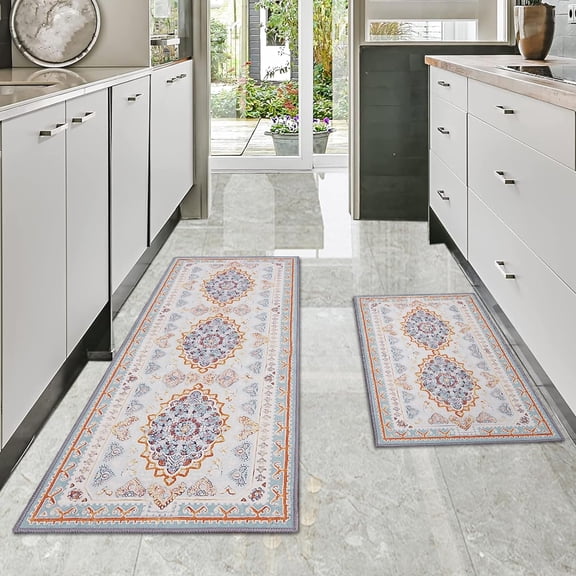 Boho Kitchen Mat Se of 2,Kitchen Floor Cushioned Comfort Standing Rugs,Non Slip Washable Kitchen Mats Set for Kitchen Floor Bathroom Sink,Size 17"x 47"+17"x 30"(Blue Orange)
