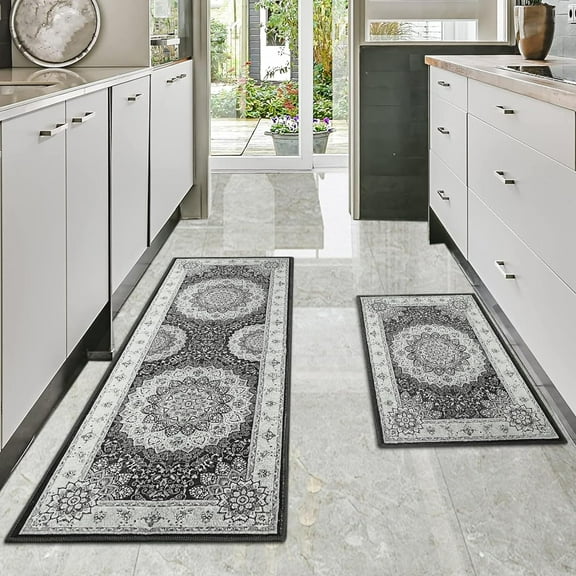 Boho Kitchen Mat Se of 2,Kitchen Floor Cushioned Comfort Standing Rugs,Non Slip Washable Kitchen Mats Set for Kitchen Floor Bathroom Sink,Size 17"x 47"+17"x 30"(Dark Grey)