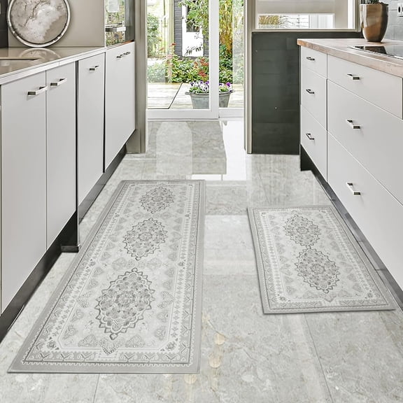 Boho Kitchen Mat Se of 2,Kitchen Floor Cushioned Comfort Standing Rugs,Non Slip Washable Kitchen Mats Set for Kitchen Floor Bathroom Sink,Size 17"x 47"+17"x 30"(Grey White)