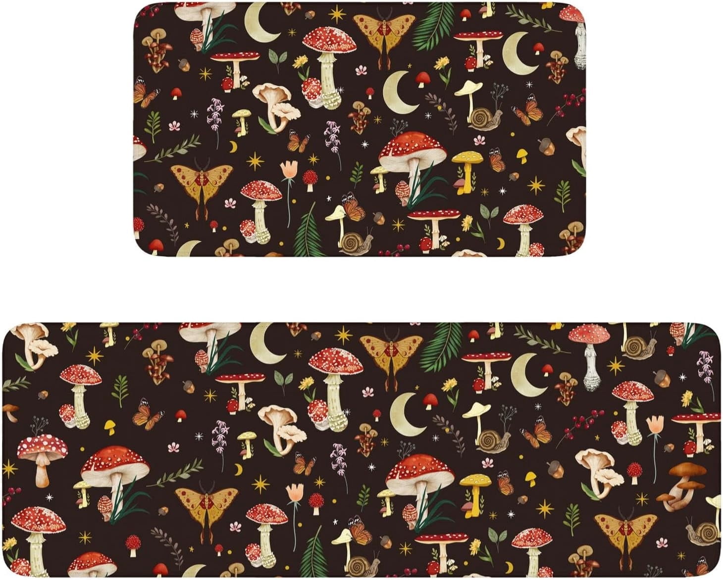 Boho Kitchen Mat Set of 2,Black Mushroom Modern Farmhouse Kitchen Rugs and Mats Non Skid Washable,Bohemia Runner Rugs with Rubber Backing for Kitchen Decor Accessories (17"x47"+17"x30")