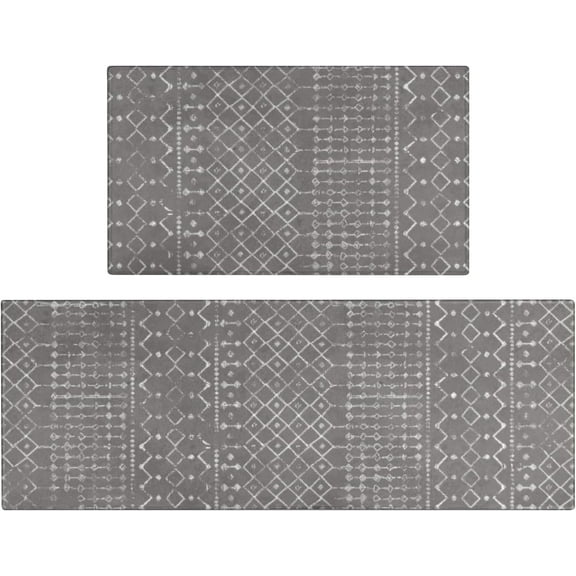 Boho Kitchen Mat Set of 2,Modern Farmhouse Kitchen Rugs and Mats Non Skid Washable,Moroccan Boho Runner Rugs with Rubber Backing for Kitchen Decor and Accessories (Dark Grey 17"x47"+17"x30")