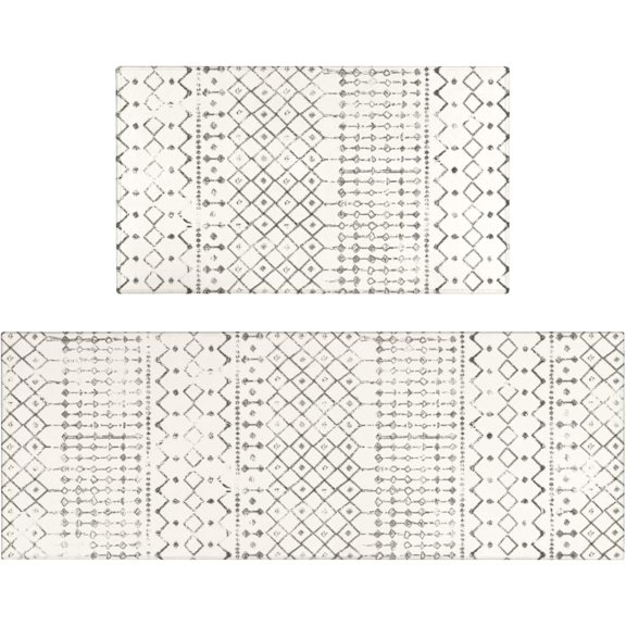 Boho Kitchen Mat Set of 2,Modern Farmhouse Kitchen Rugs and Mats Non Skid Washable,Moroccan Boho Runner Rugs with Rubber Backing for Kitchen Decor Accessories (Grey/Off-White 17"x47"+17"x30")