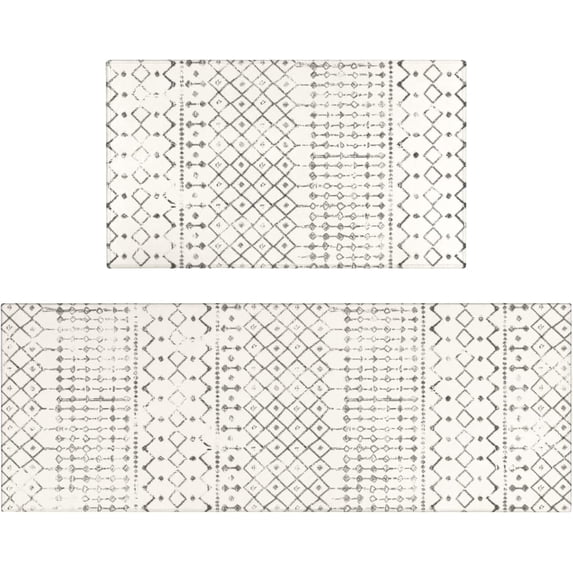 Boho Kitchen Mat Set of 2,Modern Farmhouse Kitchen Rugs and Mats Non Skid Washable,Moroccan Boho Runner Rugs with Rubber Backing for Kitchen Decor Accessories (Grey/Off-White 17"x47"+17"x30")