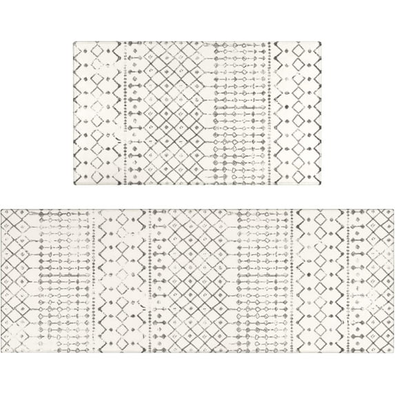 Boho Kitchen Mat Set of 2,Modern Farmhouse Kitchen Rugs and Mats Non Skid Washable,Moroccan Boho Runner Rugs with Rubber Backing for Kitchen Decor Accessories (Grey/Off-White 17"x47"+17"x30")