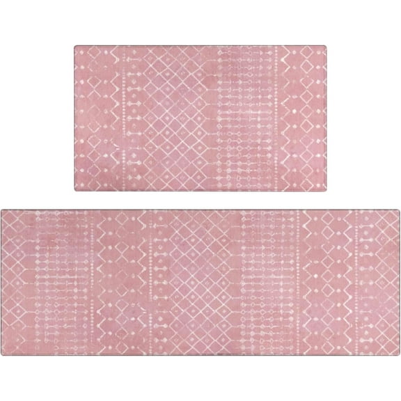 Boho Kitchen Mat Set of 2,Modern Farmhouse Kitchen Rugs and Mats Non Skid Washable,Moroccan Boho Runner Rugs with Rubber Backing for Kitchen Decor and Accessories (Pink 17"x47"+17"x30")