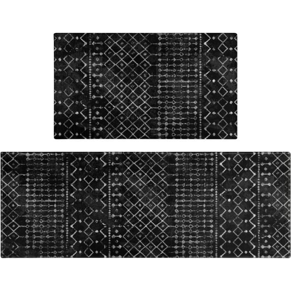 Boho Kitchen Mat Set of 2,Modern Farmhouse Kitchen Rugs and Mats Non Skid Washable,Moroccan Boho Runner Rugs with Rubber Backing for Kitchen Decor and Accessories (Black 17"x47"+17"x30")