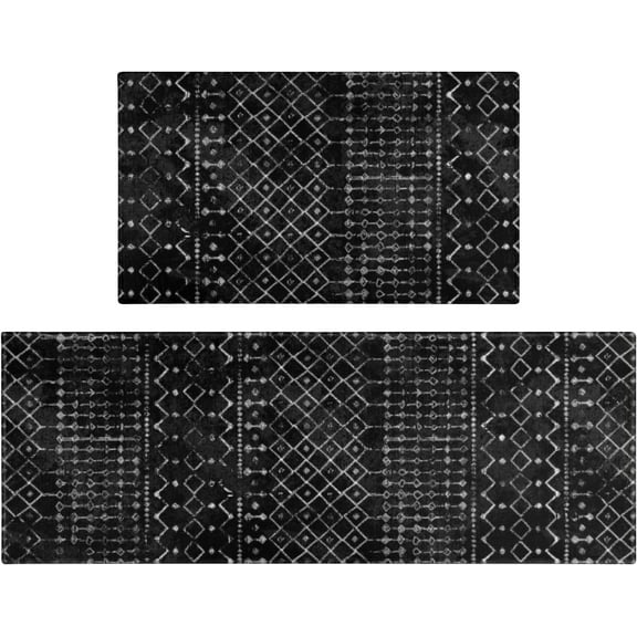 Boho Kitchen Mat Set of 2,Modern Farmhouse Kitchen Rugs and Mats Non Skid Washable,Moroccan Boho Runner Rugs with Rubber Backing for Kitchen Decor and Accessories (Black 17"x47"+17"x30")