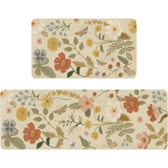 Boho Kitchen Mat Set of 2,Strawberry Floral Modern Farmhouse Kitchen Rugs and Mats Non Skid Washable,Bohemia Runner Rugs with Rubber Backing for Kitchen Decor Accessories (17"x47"+17"x30")