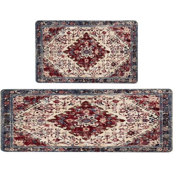 Boho Kitchen Mat Sets of 2 Pieces Anti Fatigue PVC Foam Cushioned Kitchen Mats for floor Waterproof Farmhouse Red Kitchen Rugs and Mats Non Slip Kitchen Rug Runner for Sink, Laundry, 17"x 47"+17"x 28"