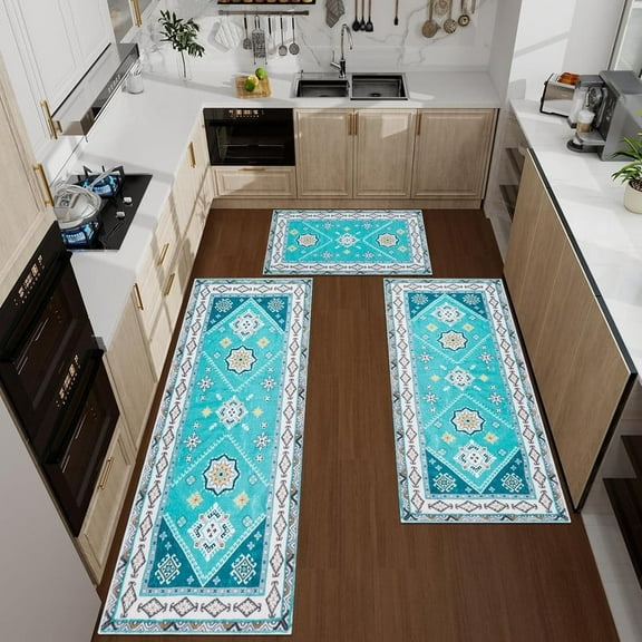 Boho Kitchen Mats for Floor 3 PCS, Non-Slip Kitchen Rug Sets, Waterproof Mats for Kitchen Floor, Farmhouse Washable Runner Rugs for Hallway Laundry Holiday Sink Decor (Blue, 20"x59"+20"x48"+20"x32")