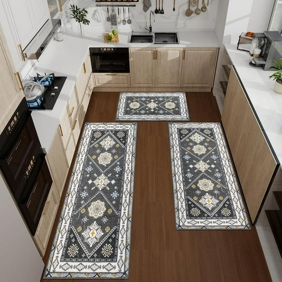 Boho Kitchen Mats for Floor 3 PCS, Non-Slip Kitchen Rug Sets, Waterproof Mats for Kitchen Floor, Farmhouse Washable Runner Rugs for Hallway Laundry Holiday Sink Decor (Grey, 20"x59"+20"x48"+20"x32")