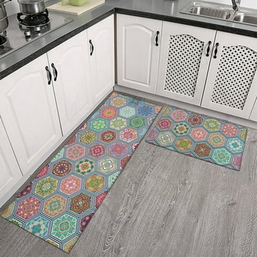 Boho Kitchen Mats Set 2 Piece Decorative Rugs for Kitchen Low-Profile Floor Mats Decorations for Home Kitchen (17x48+17x24 Fashion Kitchen Rug)