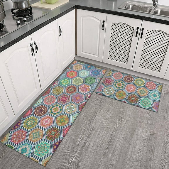 Boho Kitchen Mats Set 2 Piece Decorative Rugs for Kitchen Low-Profile Floor Mats Decorations for Home Kitchen (17x48+17x24 Fashion Kitchen Rug)