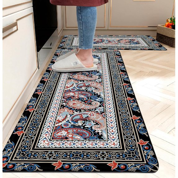 Boho Kitchen Rug Anti Fatigue Mats for Kitchen Floor Kitchen Rugs Bohemia Paisley Style Memory Foam Kitchen Mat Cushioned PVC Leather Kitchen Rug Set, 17.3x28+17.3x47 inchs