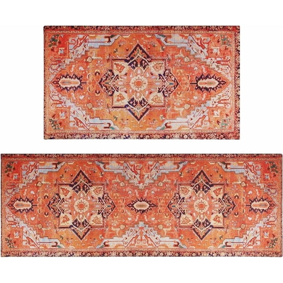 Boho Kitchen Rug and Mat Set of 2 Non-Slip Washable Anti-Fatigue Farmhouse Rug Floor Comfort Mat for Kitchen Sink Front, Laundry, Bathroom, Home Decor, 17x30+17x47inch