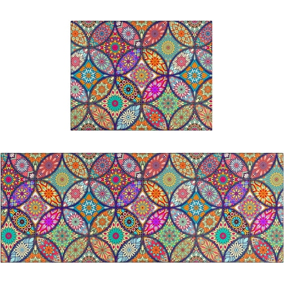 Boho Kitchen Rug Mat Set of 2 Non Slip Washable Bohemian Colorful Floral Kitchen Rug Runner Rubber Kitchen Mats for Floor Boho Decor