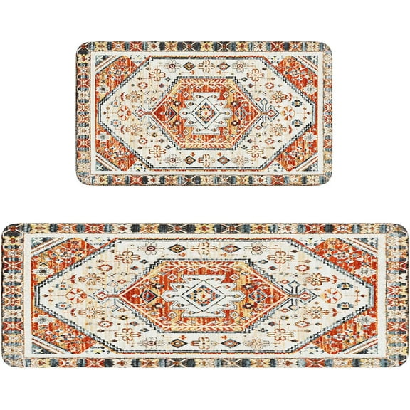 Boho Kitchen Rug Rectangle Yellow 17"x29" 2 Pack Non Slip Washable Farmhouse Style Kitchen Rugs
