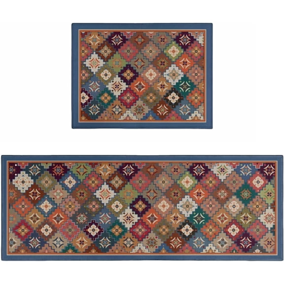 Boho Kitchen Rug Set of 2- Bohemian Kitchen Mat with Runner, Art Boho Kitchen Decor Accessories Things - Hippie Rugs for Home Kitchen Large Long- Boho Stuff Brown Blue- 17x24 and 17x48 Inch